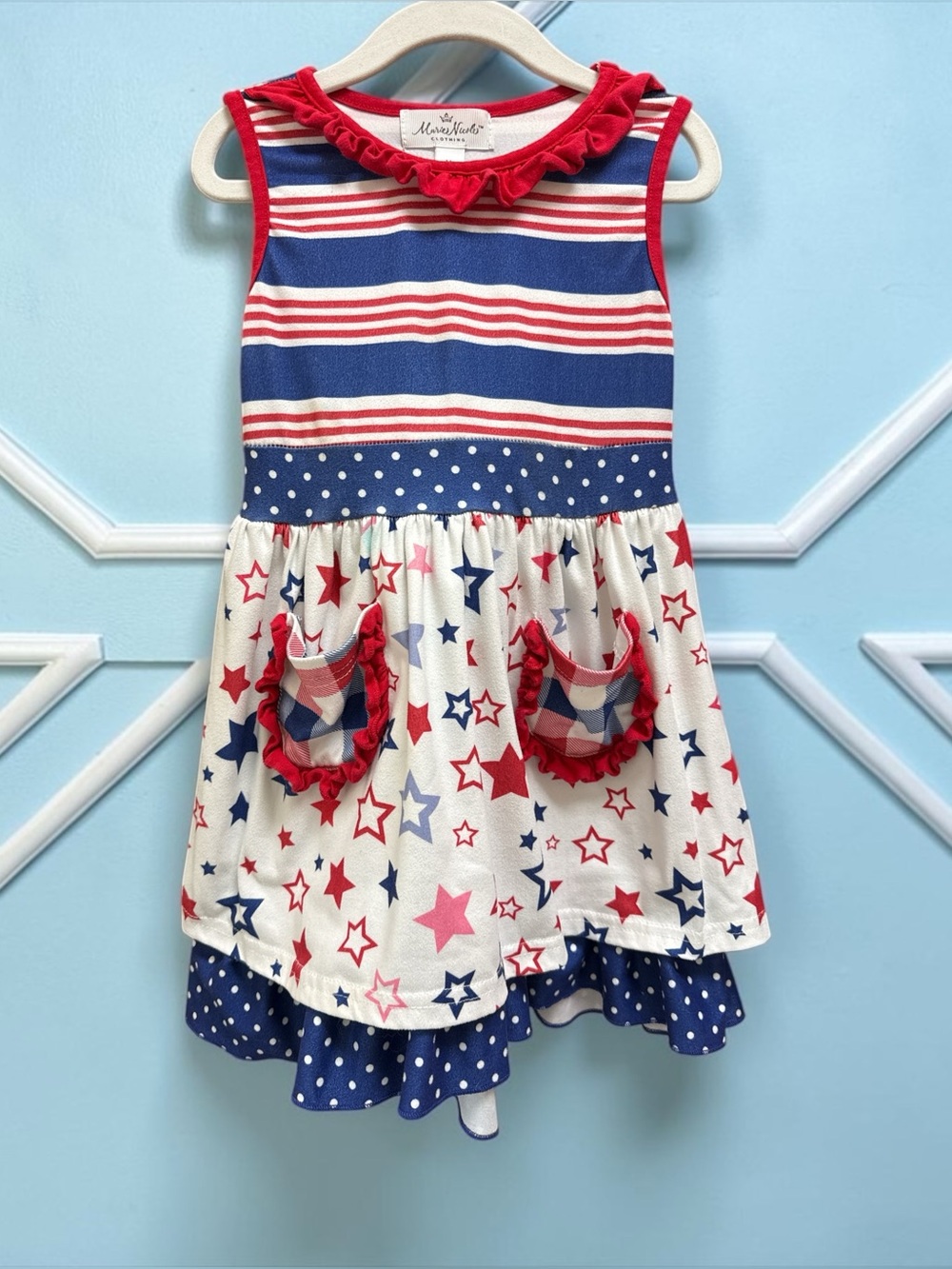 Marie Nicole Clothing 4th of July Patriotic Star Striped Ruffle Dress